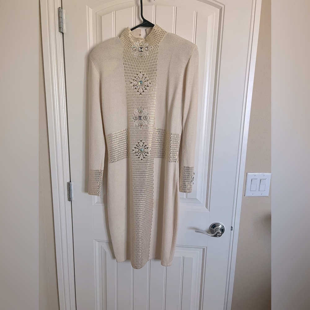 St John formal knit jeweled mock neck dress